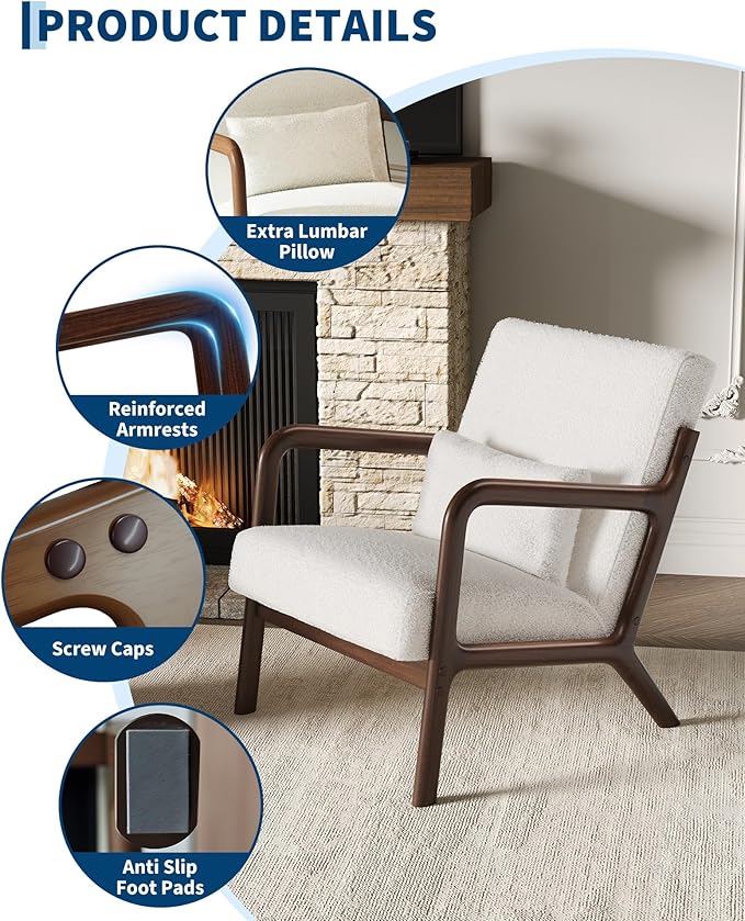 GarveeHome Mid-Century Accent Chair Cozy Sherpa Reading and Lounge Armchair with Lumbar Pillow Modern Wood Frame for Living Room Bedroom Office Beige