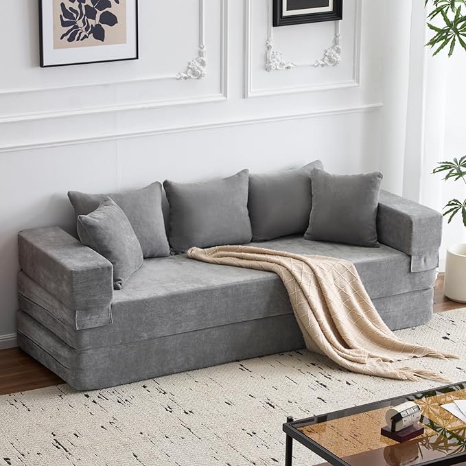 MELLCOM 79 Convertible Folding Sofa Bed Queen Sleeper Sofa Couch with Armrest and Pillows Chenille Fold Out Floor Chaise Lounge Comfy Foldable Futon Mattress for Living Room Bedroom (Grey 7.87)