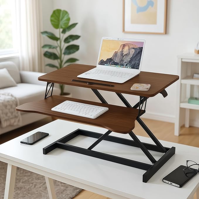 32 Inch Height Adjustable Stand Up Desk Riser Heavy Duty Computer Workstation with Removable Keyboard Tray - Ergonomic Design for Home Office Workshop Gaming Spacious Platform(Walnut)