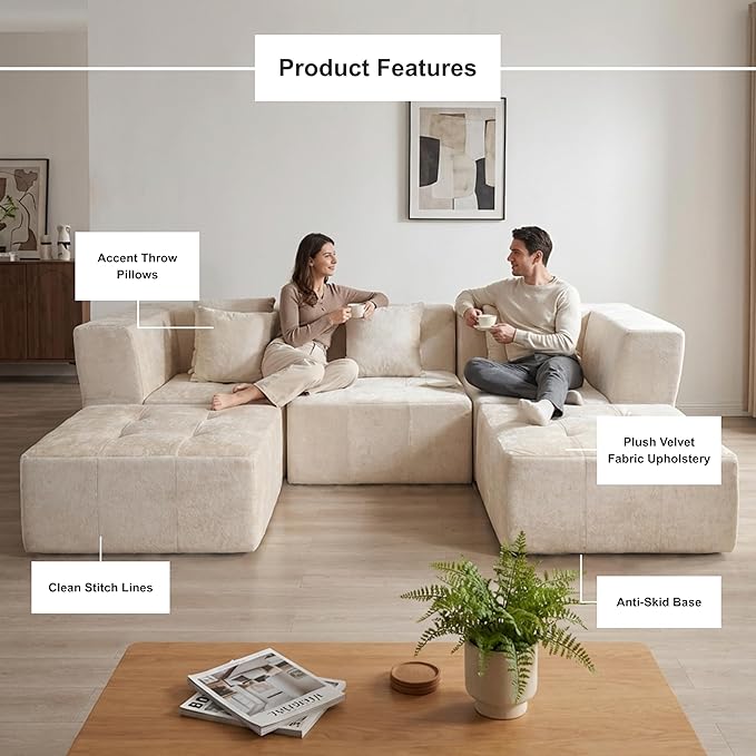 · REDEARTH · 5-Seater Modular Velvet Sectional Sofa No-Assembly U-Shaped Compressed Couch in a Box with Ottoman Boneless Modular System in Plush Velvet for Living Room (3-Seater + 2-Ottoman) Cream