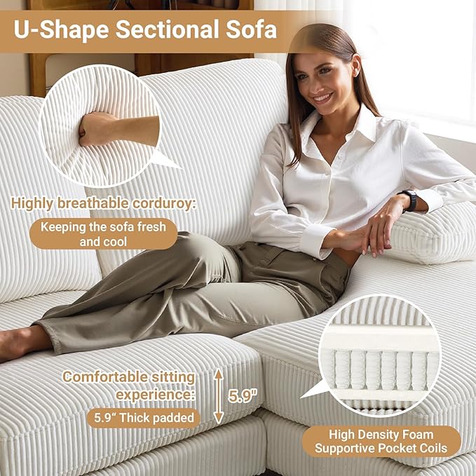 VINGLI 110' U Shaped Comfy Sectional Couch Double Chaise Sofa in Corduroy Fabric for Apartment 4-Seater Upholstered Couch with Memory Foam Modern Couches for Living Room Small Space Beige