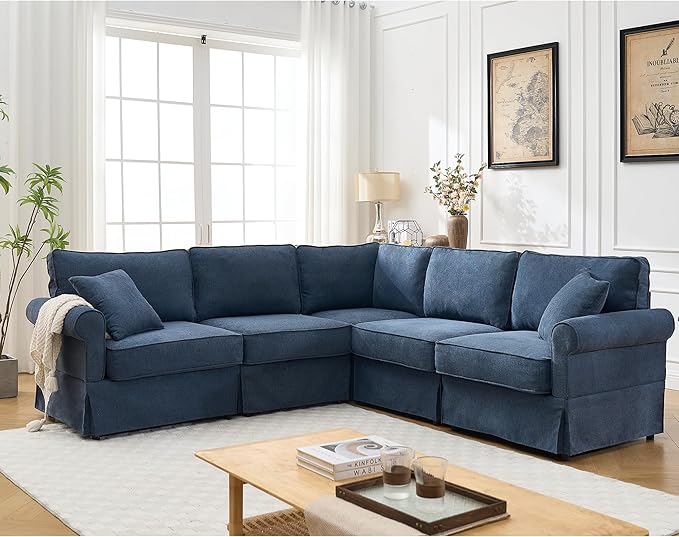 KEIKI 94 L-Shaped Oversized Modular Linen Sectional Sofa with Rolled Arms Cushion Back Modern Style Convertible 5-Seater Corner Couch Easy Assembly for Apartment Living Room Bedroom Dark Blue