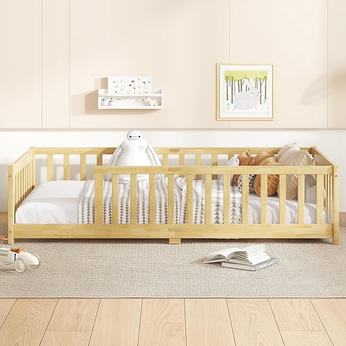 Bellemave Twin Floor Bed with Slats and Safety Guardrails Kids Montessori Floor Beds with Fence and Without Door Easy Assemble Floor Bed for Kids Girls Boys Natural