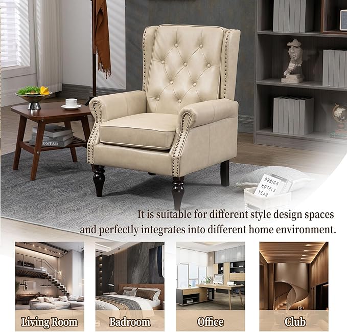 Camel PU Leather Accent Chair Mid-Century Modern Living Room Chairs with Wingback Comfy Upholstered High Back Single Sofa Bedroom Reading Armchair with Solid Wood LegsEasy Assemble (Camel)