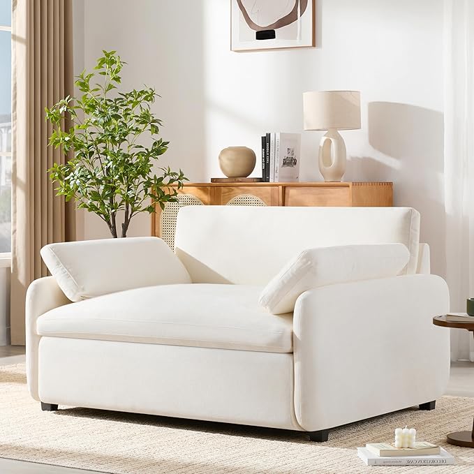 50 * 43” Oversized Modern Accent Chair Ultra Wide and Deep Seat Single Sofa Chair Chenille Soft Comfy Armchair with Two Throw Pillows for Living Room Apartment Dorm Office (White)