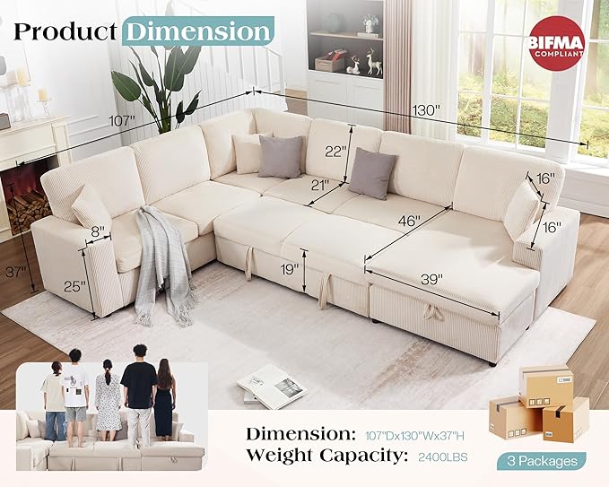 VanAcc 130 Sofa Bed Sectional Sleeper Sofa with Pull Out Bed Sleeper Couch with Storage 6 Seater Couch for Living Room Corduroy Off-White