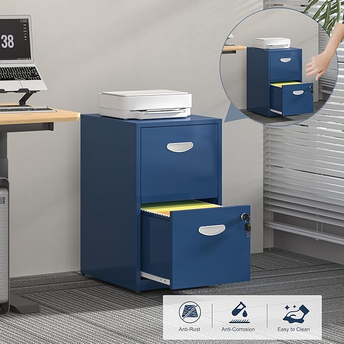 2 Drawer File Cabinet with Lock Metal File Cabinets for Home Office Under Desk Storage Printer Stand Office File Cabinets for Letters and File Boxes Assembly Required Blue