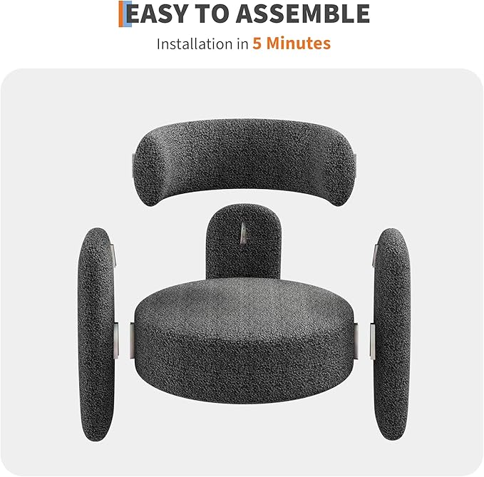 Cozy Oversized Barrel Accent Chair in Modern Mid-Century Boucle Chair Fabric Round Open Back Lounge Armchair for Reading Corner Bedroom Living Room and Apatment Decor Deep Gray