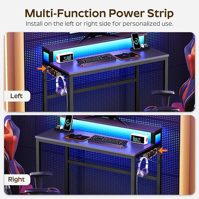 Small Computer Desk with Charging Station and LED Lights Gaming Desk with Monitor Stand 2-Tier Home Office Desk with 4 Side Hooks for Living Room Home Office Black DN01UDBBY2