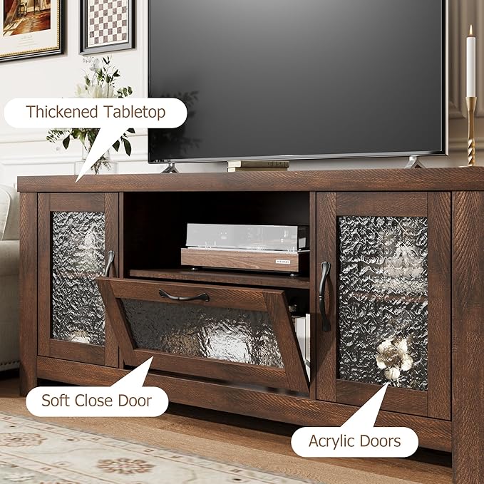 IDEALHOUSE TV Stand for 65 Inch TV Farmhouse Entertainment Center with Acrylic Door Storage Cabinet &amp Adjustable Shelves Rustic TV Console Table for Living Room Bedroom Brown