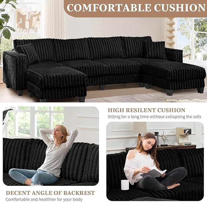 137 Cloud Couch Modular Sectional Sofa U Shaped Sectional Couch with Movable Ottoman Modern Large Convertible Comfy Faux Rabbit Fur 6 Seat Couches for Living Room Bedroom (Black)