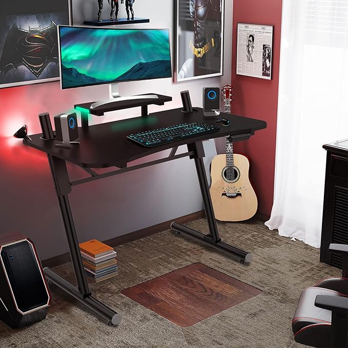 Modern-Depo Computer Gaming Desk with LED Lights Monitor Stand Shelf 41 Inch Adjustable PC Table Workstation Black