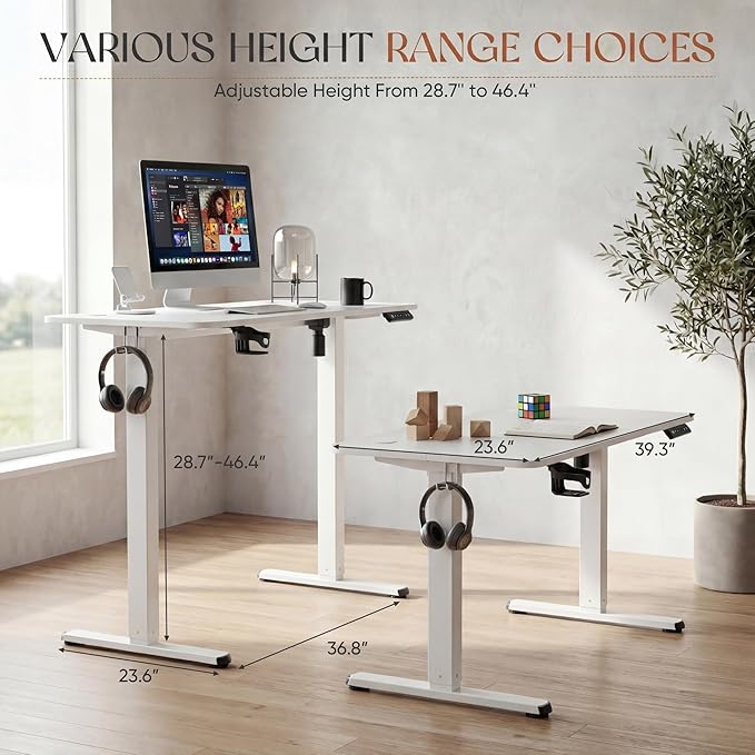 Furmax Electric Standing Desk 40 x 24 Inches Height Adjustable Sit Stand up Desk Memory Preset Computer Home Office Desks with Sturdy Metal Frame Phone Stand Cable Management Hole (White 40'')