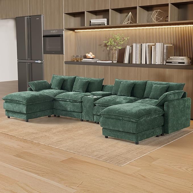 145 Oversized Modular Sectional Sofa U Shaped Cloud Couch Modern 6 Seat Sofa Set for Living Room Comfy Chenille Deep Seat with Storage Central Console Movable Ottomans Cup Holders USB Ports Green