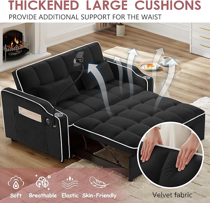 3 in 1 Convertible Sofa Bed Velvet Pull Out Couch Bed w/ Adjustable Back Love Seat Sleeper Beds w/ USB Ports &amp Cup Holders Phone Stand Full Size Futon Couch for Living Room Small Spaces (Black