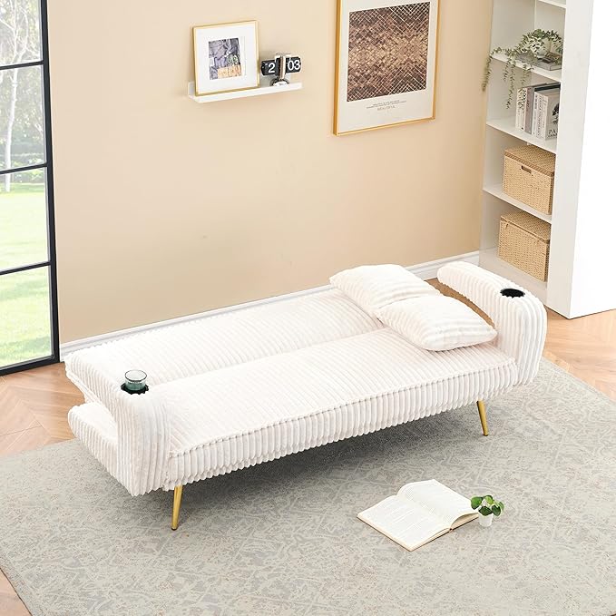 74 Modern Corduroy Sofa Bed FutonConvertible Sleeper Bed Couch with Dual Cup Holder4 Reclining PositionsFolding Cloud Sofa Loveseat for Small Living Room Apartment Office (Beige)