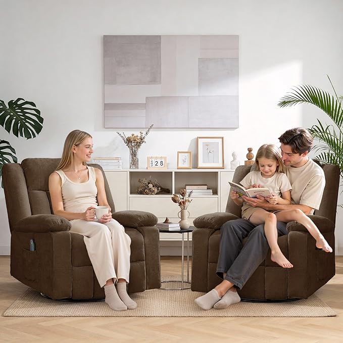 Rocker Recliner Chair for Adults 360° Swivel Rocker Recliner with Massage and Heating Nursery Rocking Chairs with Side Pockets Manual Reclining Chair for Living Room Bedroom or Nursery