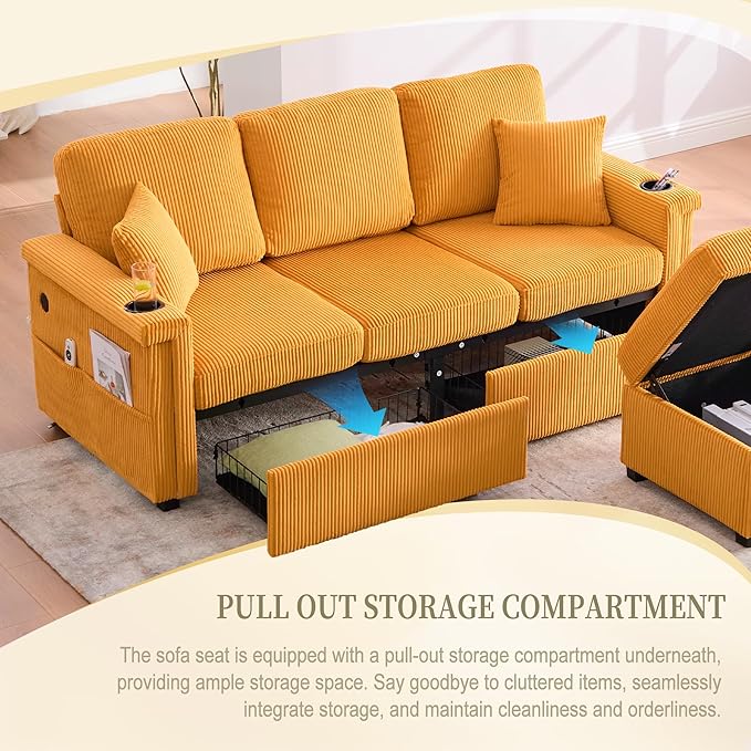 L Shaped Sectional Sofa with Storage &amp Movable Ottoman 76 Corduroy 3 Seater Sectional Couch with USB Charging Cup Holder &amp LED Light Couches for Living Room Mustard Yellow