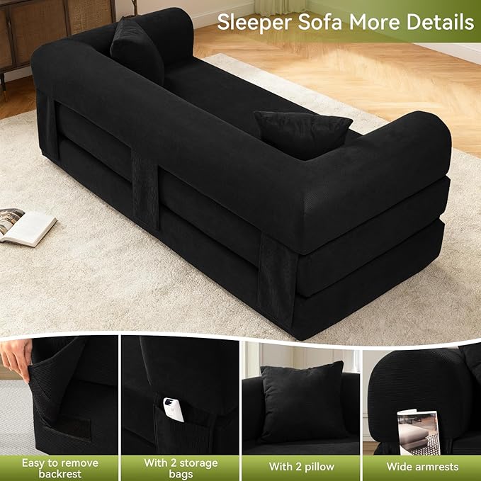 Convertible Futon Sofa Bed80 Folding Pull Out Couch with Pillows &amp Storage Pocket (Black Corduroy-30 W)