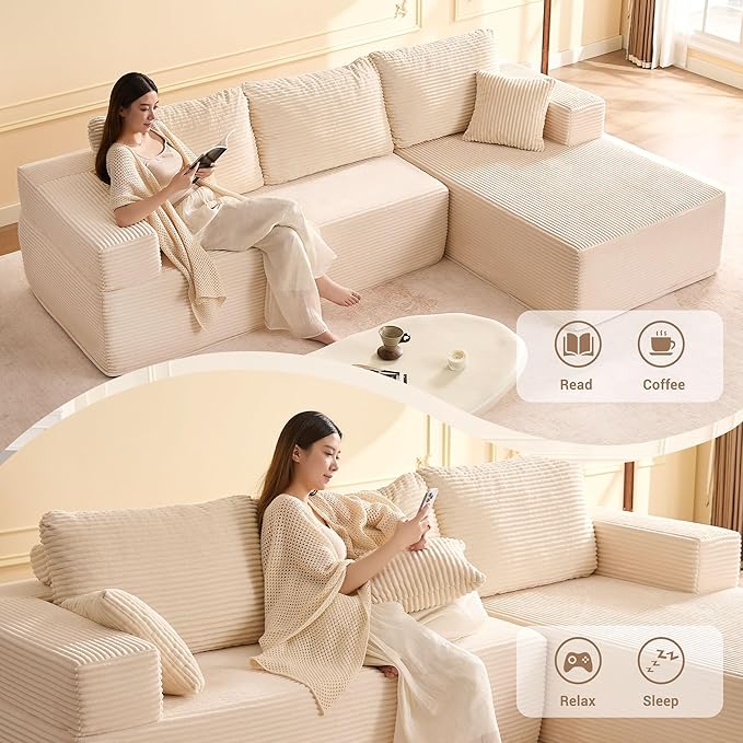 107 Boneless Couch with Deep Seat Set of Modular Sectional Sofa Cloud Sectional Couch for Living Room No Assembly Required Corduroy L-Shape Right White