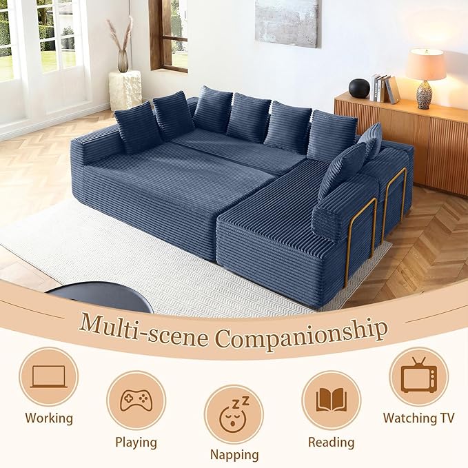 145 Modular Sectional Sofa Oversized U-Shaped Deep Seat Corduroy Cloud Couch with Fixed-Shape Frame Sleeper Sofa Couch Boneless Couches for Living Room No Assembly RequiredSofa in A BoxBlue