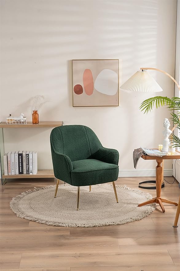 Modern Soft Green Teddy Fabric White Ergonomics Accent Chair Living Room Chair Bedroom Chair Home Chair with Gold Legs and Adjustable Legs Family Room Sofa Armchair Furniture for Indoor Home (Green)