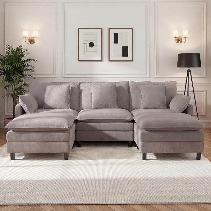 110 U-Shaped Modular Sectional Couch Modern Cloud Couch with Ottoman 5-Seat Chenille Sofa with Pillows Deep Seat Comfy Couch for Living Room Bedroom Light Grey