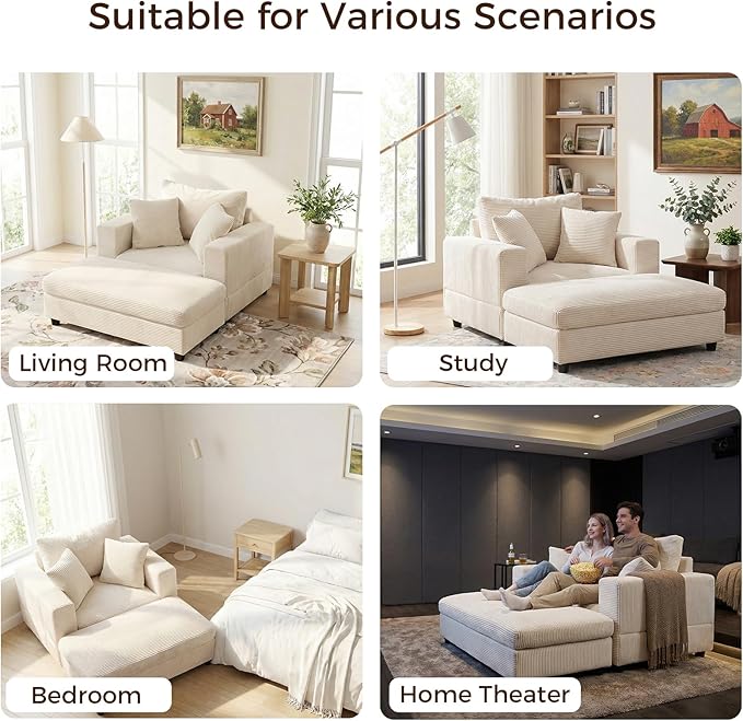 Chaise Lounge Chair Indoor54 Inch Large Corduroy Chaise Lounges Chair with Ottoman &amp 3 Pillows Deep Seat Upholstered Comfy Sleeper Chairs for Living RoomBedroomOffice (Beige)