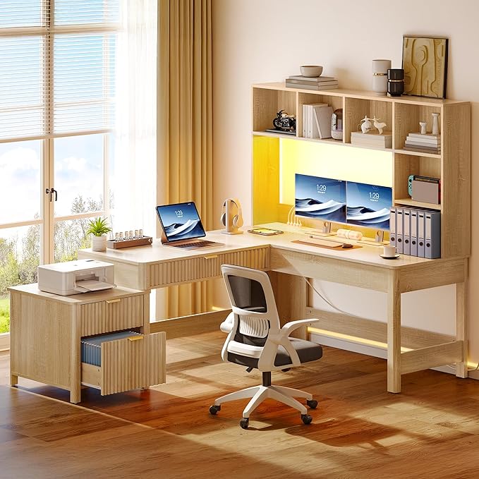 YITAHOME L Shaped Desk with Hutch and Drawers 67 Computer Desk Gaming Desk with Power Outlets &amp LED Lights Wood Home Office Desk with Printer Stand Fluted Sturdy Writing Workstation Natural O