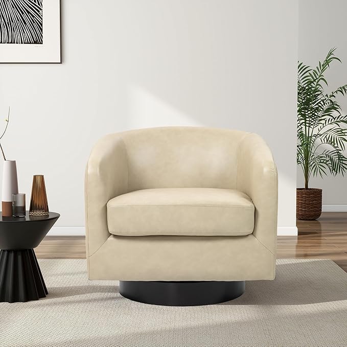 Swivel Barrel Chair Modern Round PU Leather Accent Armchair for Living Room Bedroom Oversized Comfy Club Reading Chairs for Adults (Leather Cream Set of 1)