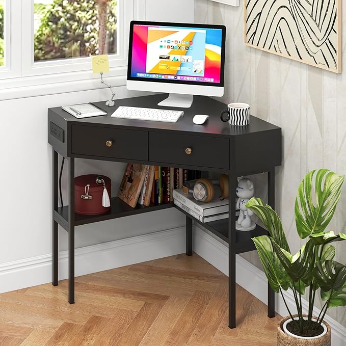Tangkula Corner Desk with 2 Drawers &amp Built-in Charging Station 90 Degrees Triangle Computer Desk for Small Space Bedroom Makeup Vanity Desk with Storage Shelves Corner Writing Desk