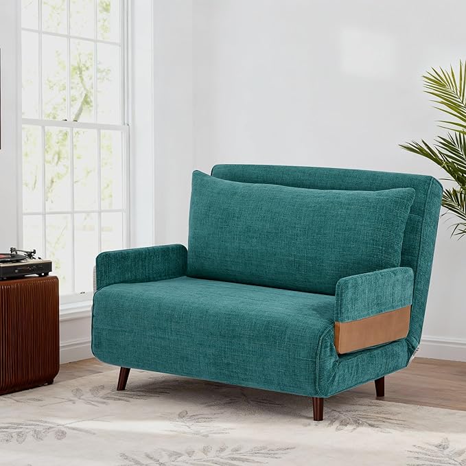 3-in-1 Convertible Sofa Bed Futon Loveseat Couch with Pillow Adjustable Backrest and Removable Armrests Recliner Sleeper Sofa for Small Spaces Living Room Bedroom or Office Peacock Blue