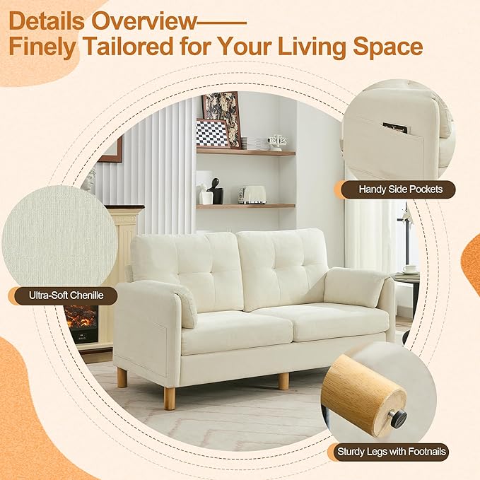 65 Chenille Loveseat Sofa Modern 2-Seater Love Seat Couch with Armrest Pillows Storage Pockets Easy Assembly Upholstered Tufted Loveseat Sofa Couches for Living Room Bedroom Beige