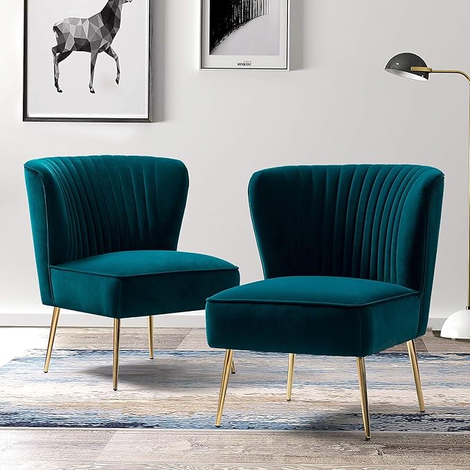 TINA'S HOME Velvet Accent Chair Set of 2 with Metal Golden Legs Upholstered Armless Slipper Chair with Wingback Mid Century Side Chair for Living Room Bedroom Makeup Vanity- Teal