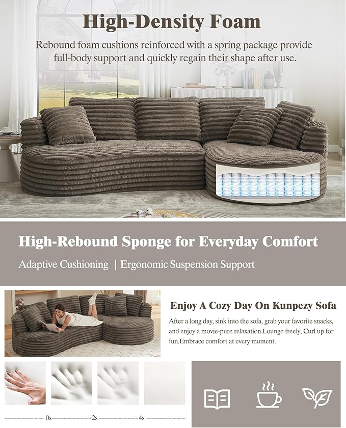 121 inch Boneless Cloud Modular Sectional Couch Wide Curved L Shaped Sofa with Chaise | Corduroy Fabric | Compressed Foam Sofa for Living Room | No Assembly Dark Brown
