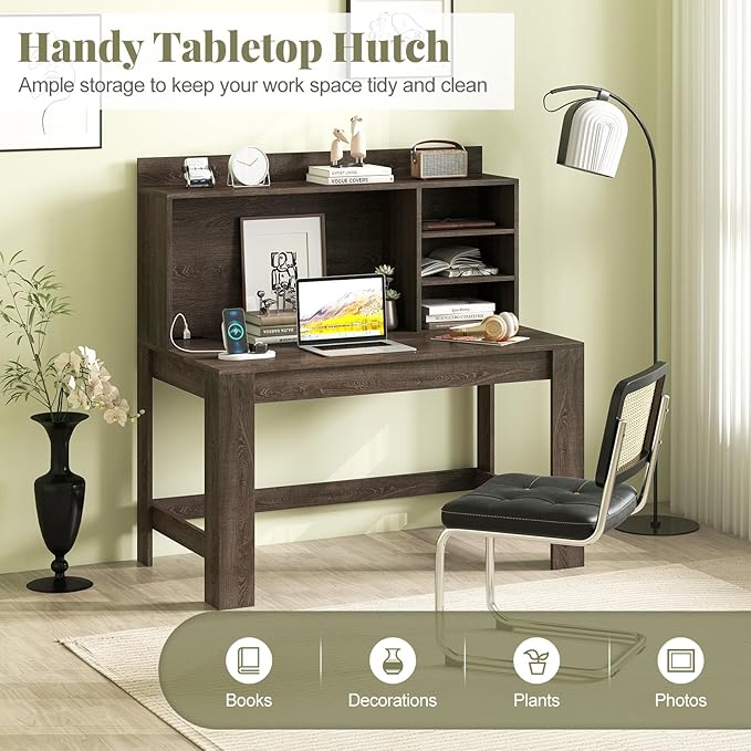 Giantex Computer Desk with Hutch Modern Home Office Desk with Power Outlets Storage Shelves &amp Cable Hole Makeup Vanity Table Study Writing Desk for Bedroom Office Small Space (Grey Oak)