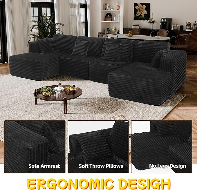 132 U Shaped Boneless Couch Cloud Sectional Modular Sofa with Double Chaise Lounge Flannel Cloud Couch with Pillows &amp Deep Seat Boneless Sofa for Living Room Flannel Black
