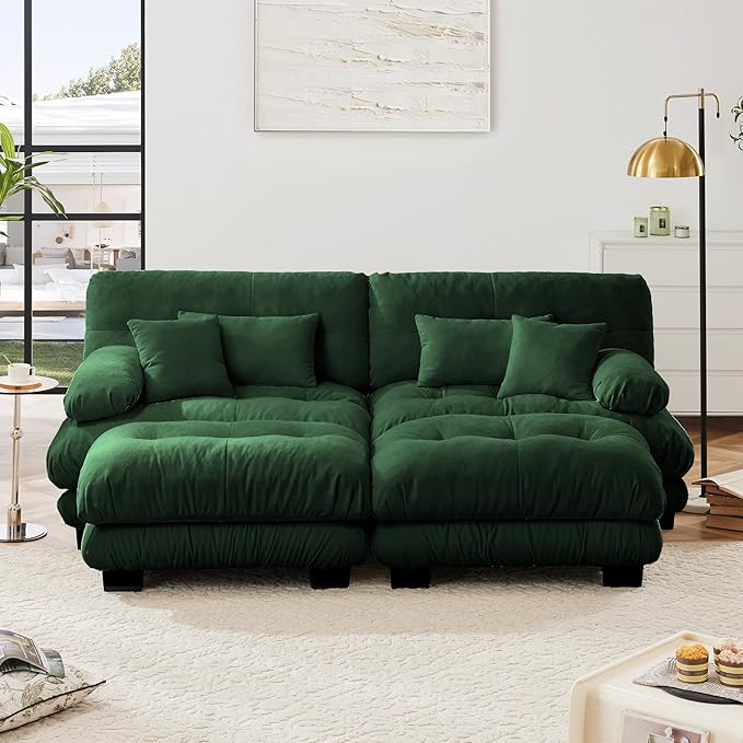 Cloud Sectional Couches for Living Room Modular Sectional Sofa 2 Seater Modern Deep Seat Loveseat Oversized Green Couch with Movable Ottoman Comfy Chenille Loveseat with Pillows