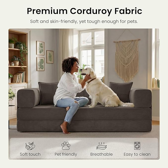 78.8 Convertible Futon Sofa BedCorduroy Futon Couch with Storage PocketFolding Pull Out SofaNo Assembly Boneless Couch for Living RoomBrown