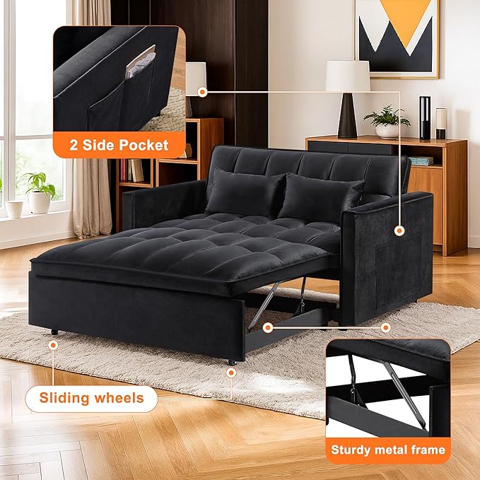 3 in 1 Convertible Sleeper Sofa BedFuton Loveseat Couch with Pull-Out Bed &amp Adjustable BackrestVelvet Fabric Sofa with Side Pocket for Small Apartment Living Room Office (Black)