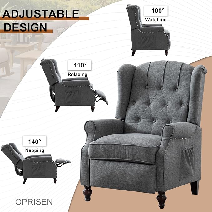 Push Back Recliner Mid-Century Modern Accent Chair Reading Chairs Set of 2 Tufted Fabric Arm Chair for Living Room w/Heat Massage/Side Pockets (2 PC Gray)