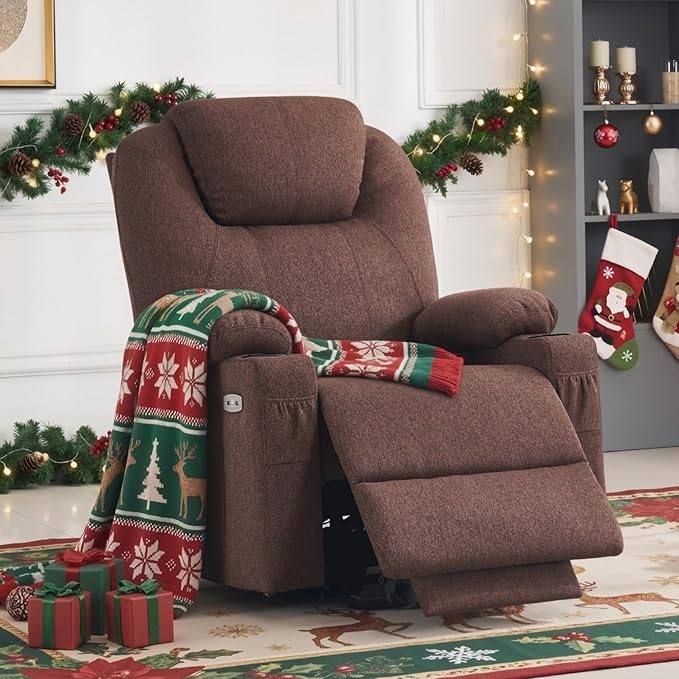 MCombo Power Lift Recliner Chair for Elderly Lift Chair with Heat and Massage FSC Certified USB&ampType C Ports Cup Holders Fabric 7040 (MediumCoffee)