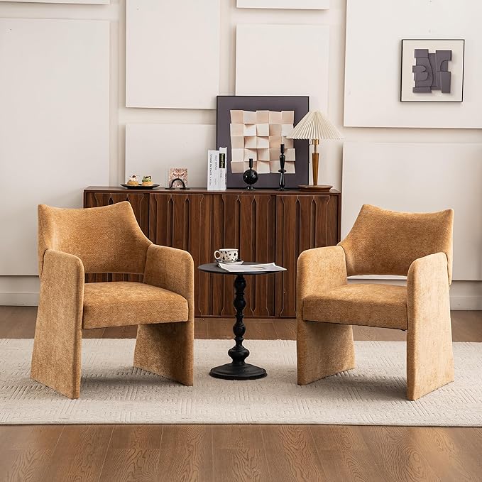 Mid-Century Chenille Accent Chair Geometric Open-Back Upholstered Armchair with Non-Slip Frame Cozy Reading Chair for Home &amp Office (Light Brown)