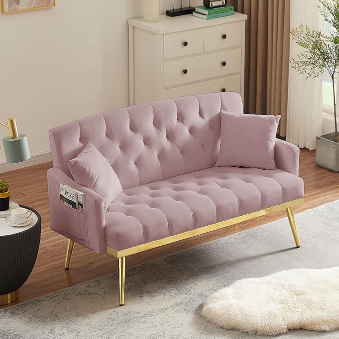 55-Inch Modern Velvet Loveseat Sofa with Gold Metal Legs &amp Side Pockets Tufted Backrest Perfect for Living Room Bedroom or Office (Pink)