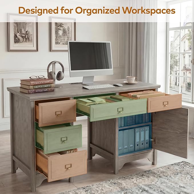 Chogori 55 Solid Wood Executive Desk Farmhouse Office Computer Desk with 5 Drawers &amp Storage Cabinet Wooden Writing Table for Home Office Study Bedroom (Gray)