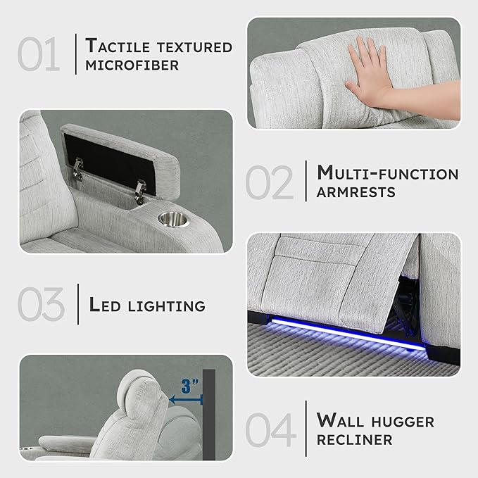 Lexicon Wall Hugger Manual Reclining Chair Microfiber Manual Recliner with Cup Holders/Hidden Arm Storage/LED Base Lighting Home Theater Seating for Living Room Light Gray