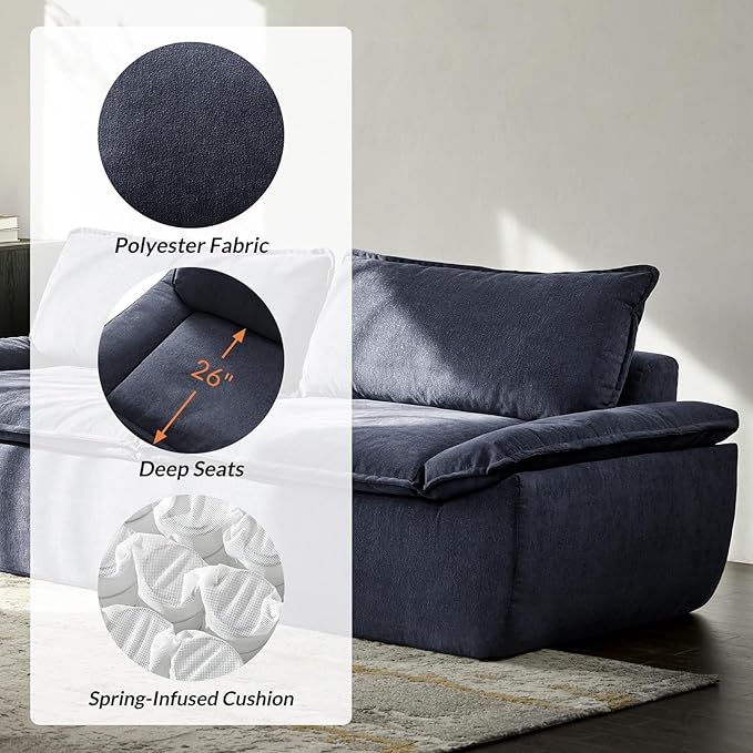 HULALA HOME 89 Oversized Boneless Couch 3 Seater Compressed Foam Sofa with Deep Seat Comfy Cloud Couch with Removable Seat and Back Cushions No Assembly Required Navy