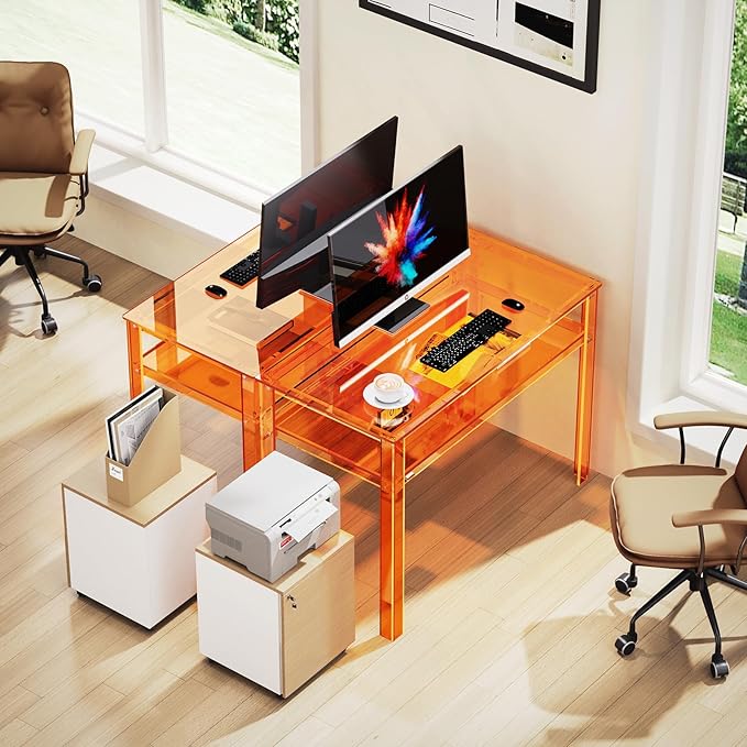 Clear Acrylic Desk with Open Storage Home Office Computer Writing Desk Office Study Table (Orange 39.4'' x 19.7'' x 29.5'')