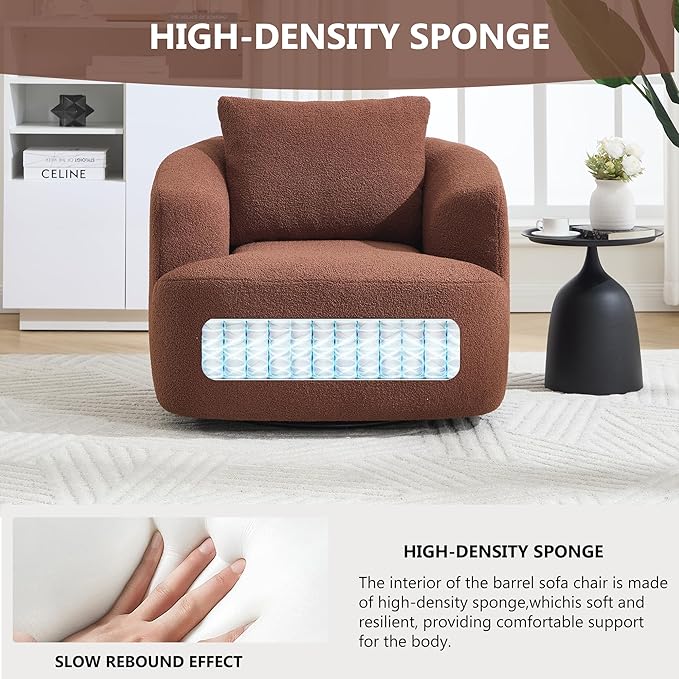 PELUMY Swivel Accent Chair Modern Round Barrel Chair Soft Teddy Fleece Fabric Swivel Chair for Living Room 360 Rotating Small Space Comfort Reading Chair No Tools Assembly (Brown)