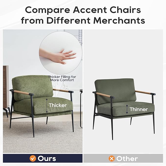 Accent Chair Mid Century Modern Armchair for Living RoomBedroomOfficeLounge Comfy Chenille Upholstered Soft Removable Washable Cushions and PillowsMetal Wood-Grain Armrest LegsGreen